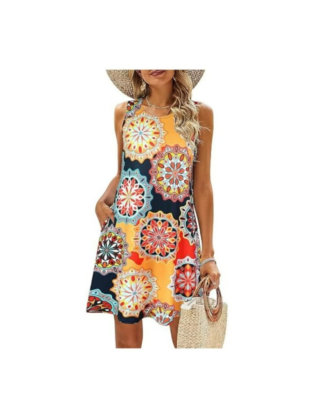 Simple Fun Mandala Print Boho Summer Tank Dress Multi-Color Stretchy Size S NWT